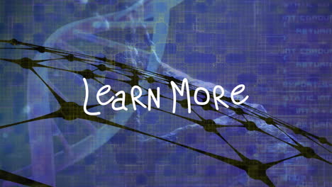 Animation of learn more text over data processing on dark background