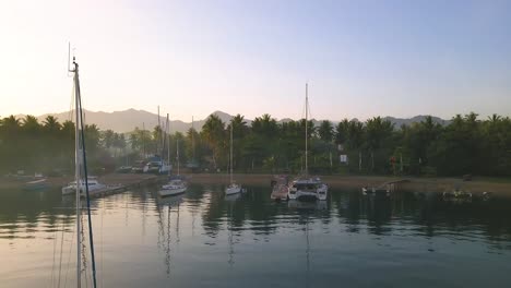 sailboats in sunrise with palm trees and mountains in far back