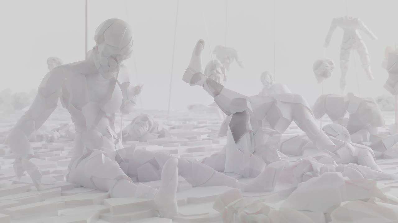 Broken android shells on a foggy junkyard