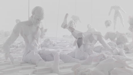 broken android shells on a foggy junkyard