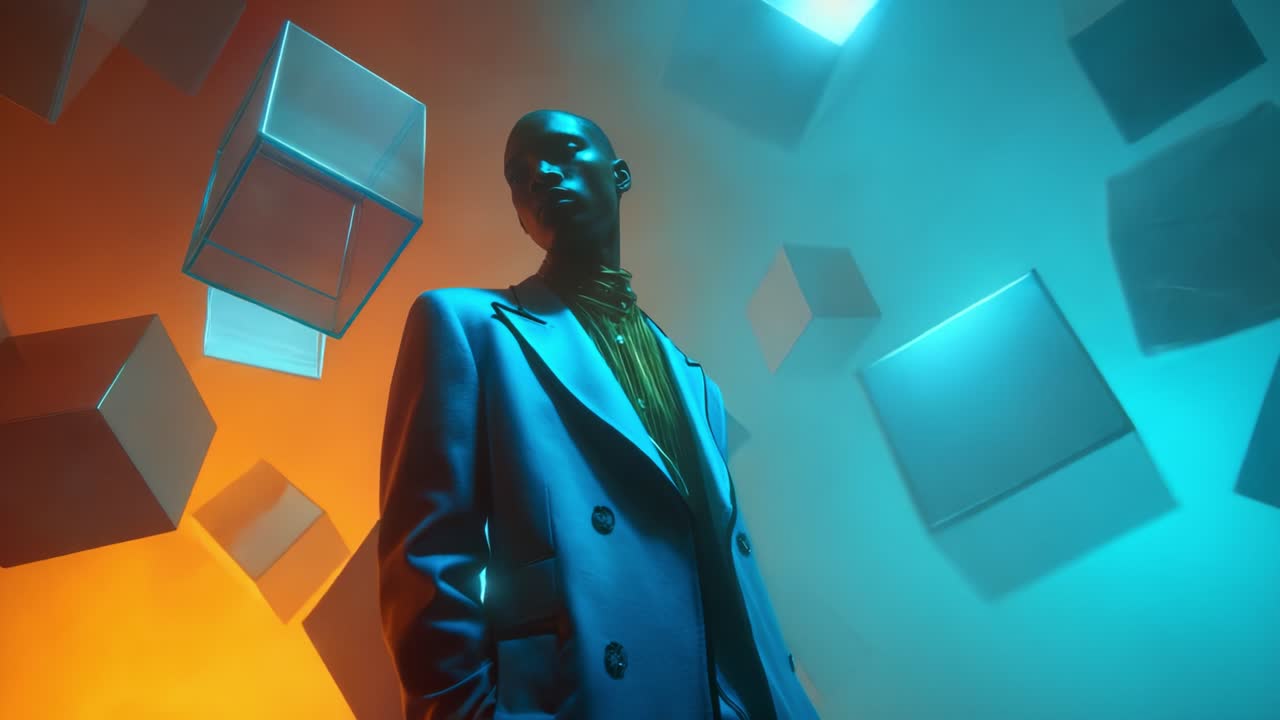 A striking visual composition featuring a tall, stylish mannequin in a futuristic setting, surrounded by floating, translucent cubes that reflect warm orange and cool blue tones, creating an ethereal atmosphere