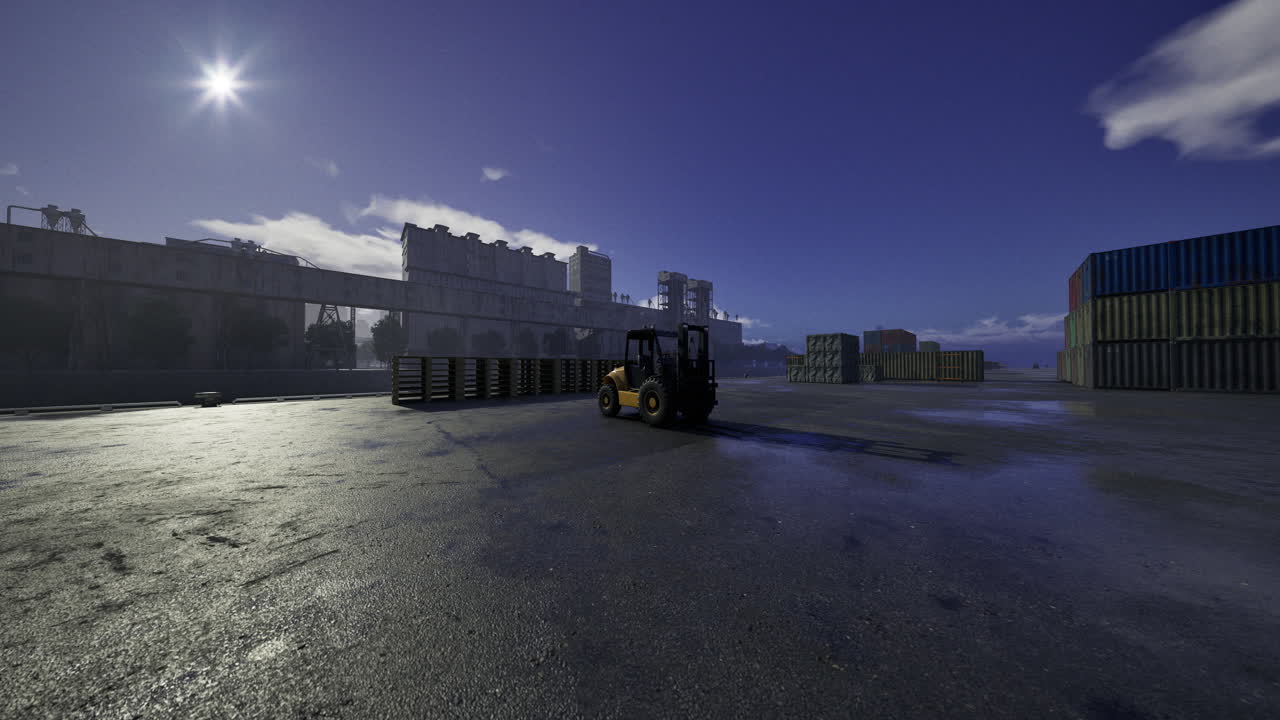Forklift operates in a busy port during a clear afternoon sky