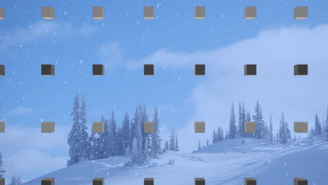 animación de filas de patrones de cubos y nieve navideña cayendo sobre el paisaje de invierno