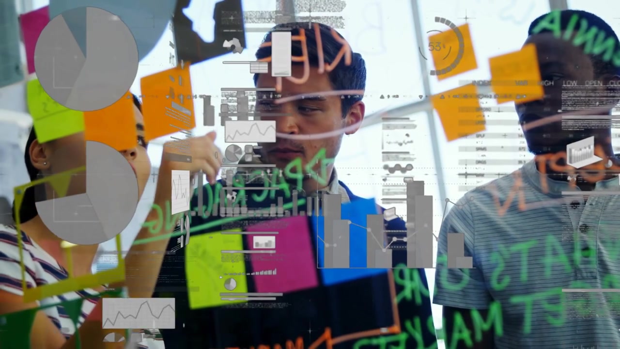 Vertical video: Left woman adding note, lead checking marking glass for business with data overlay
