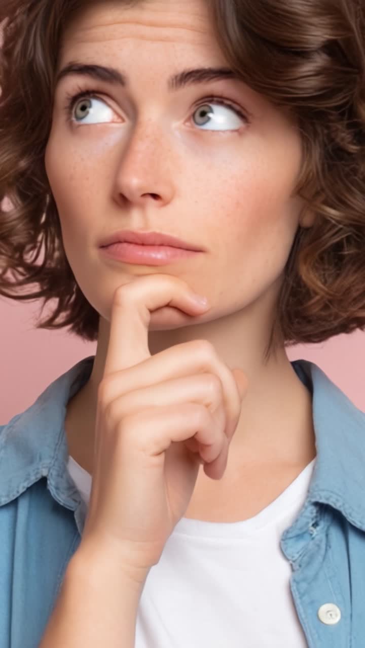 Donna pensierosa che riflette su idee con un'espressione meditativa su uno sfondo rosa tenue, catturando un momento di contemplazione e curiosità.