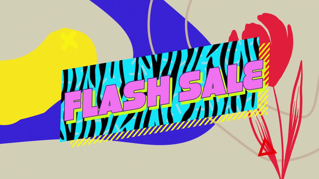 animación de texto de venta flash retro sobre bandera azul de impresión de cebra y flor roja en el fondo