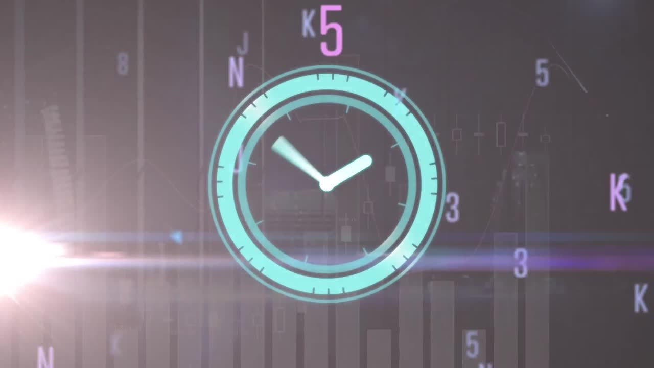 Animation of neon ticking clock and light spot over statistical data processing