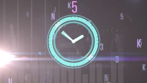 animación del reloj de neón y el punto de luz sobre el procesamiento de datos estadísticos