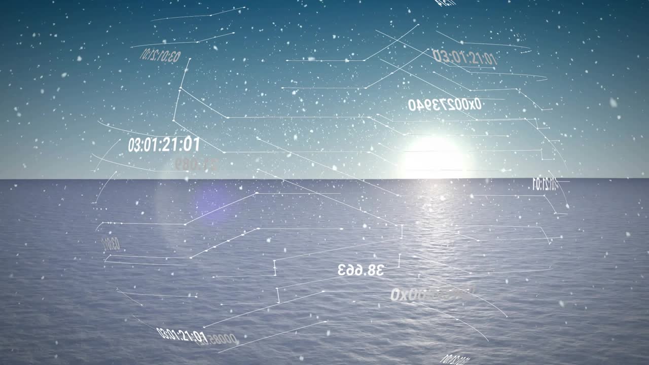 Opening frame showing low sun, floating data band rotating and sinking timecodes showing ocean data