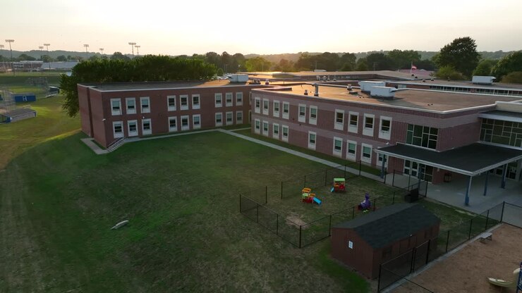 Aerial of American school building at summer sunset