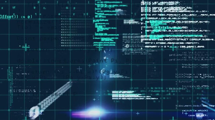 Digital animation of data processing over grid network against blue background