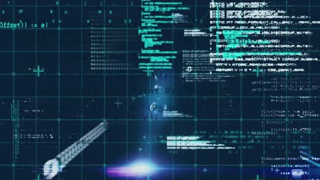 digital animation of data processing over grid network against blue background