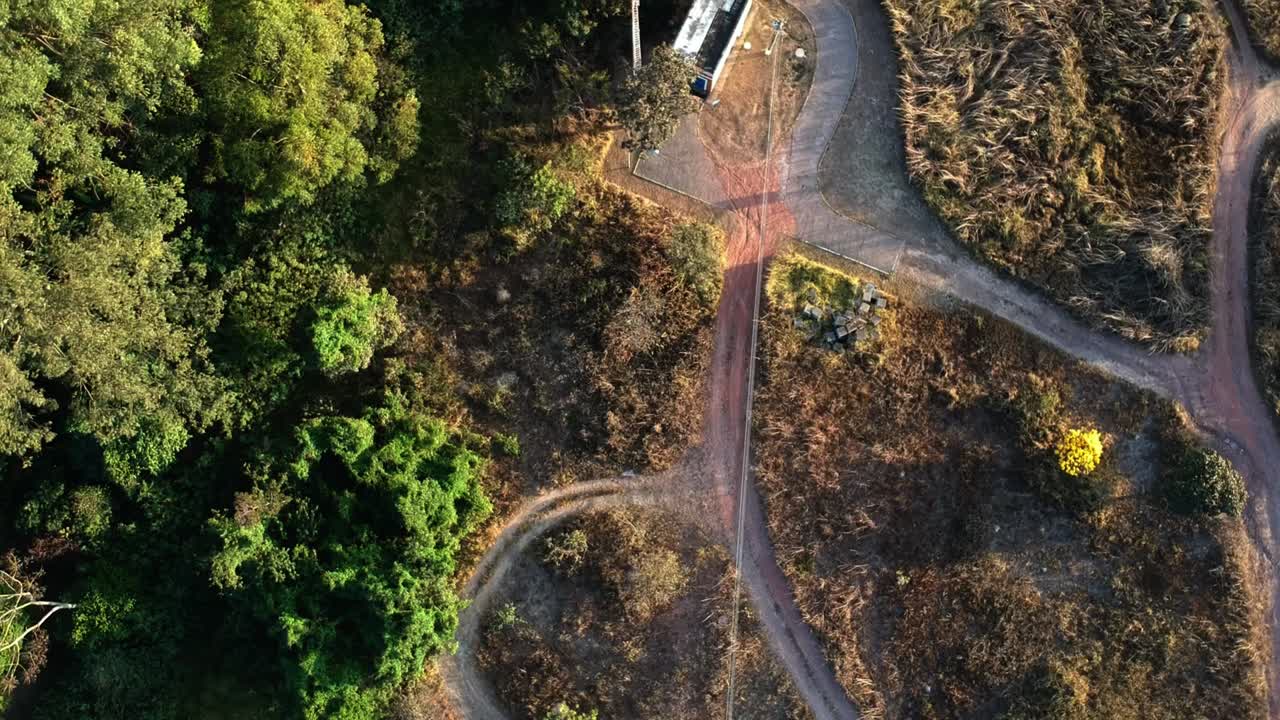 HD aerial drone footage of trees and dirt road in Brasilia, Brazil near Lake Paranoa with birds flying by underneath