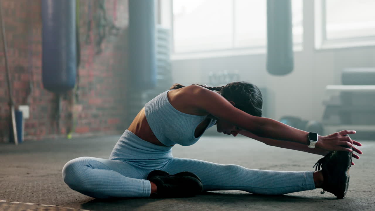 Woman, stretching in gym and fitness start