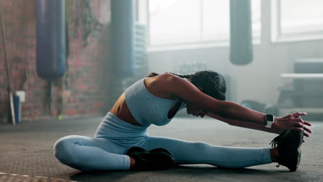 woman, stretching in gym and fitness start
