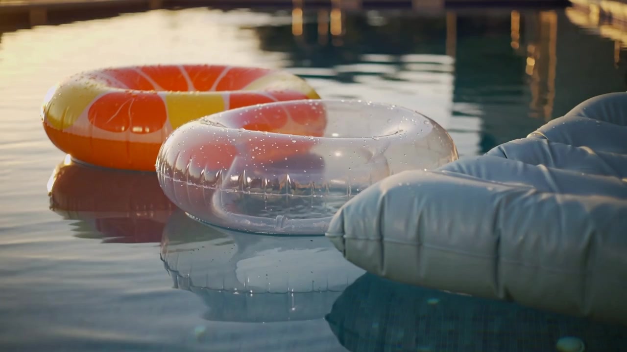 Nudging breeze moving clear and citrus rings toward gray lounger at home pool, reflecting sun