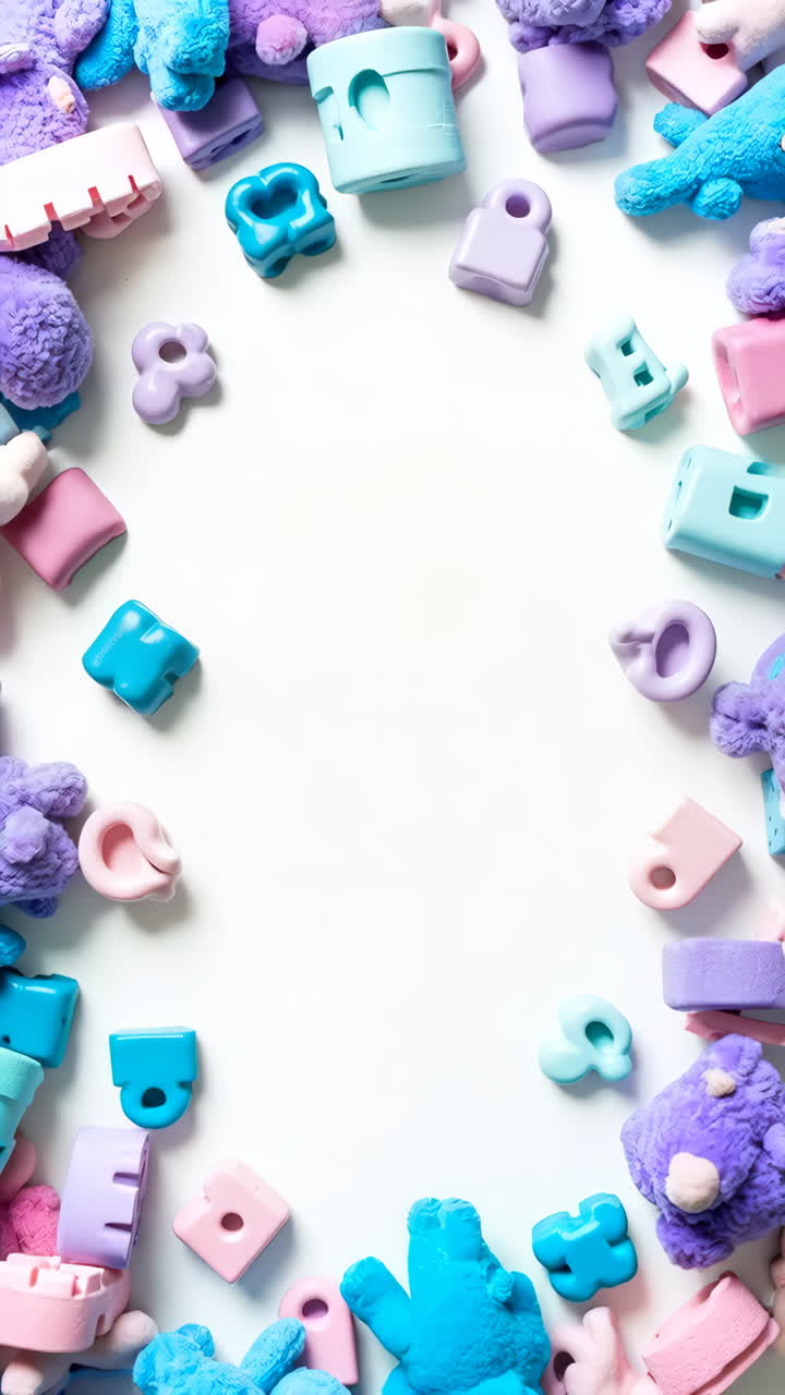 Colorful Toys and Building Blocks Forming a Border on White