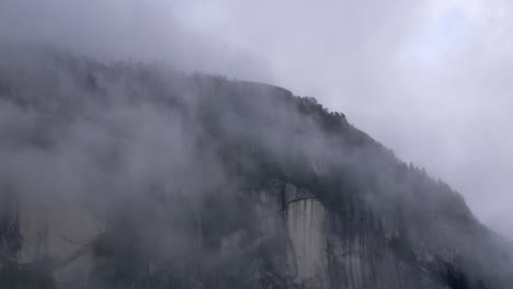 The-Chief,-Squamish,-British-Columbia,-Canada---A-Breathtaking-Sight-of-a-Mist-covered-Mountain---Close-Up