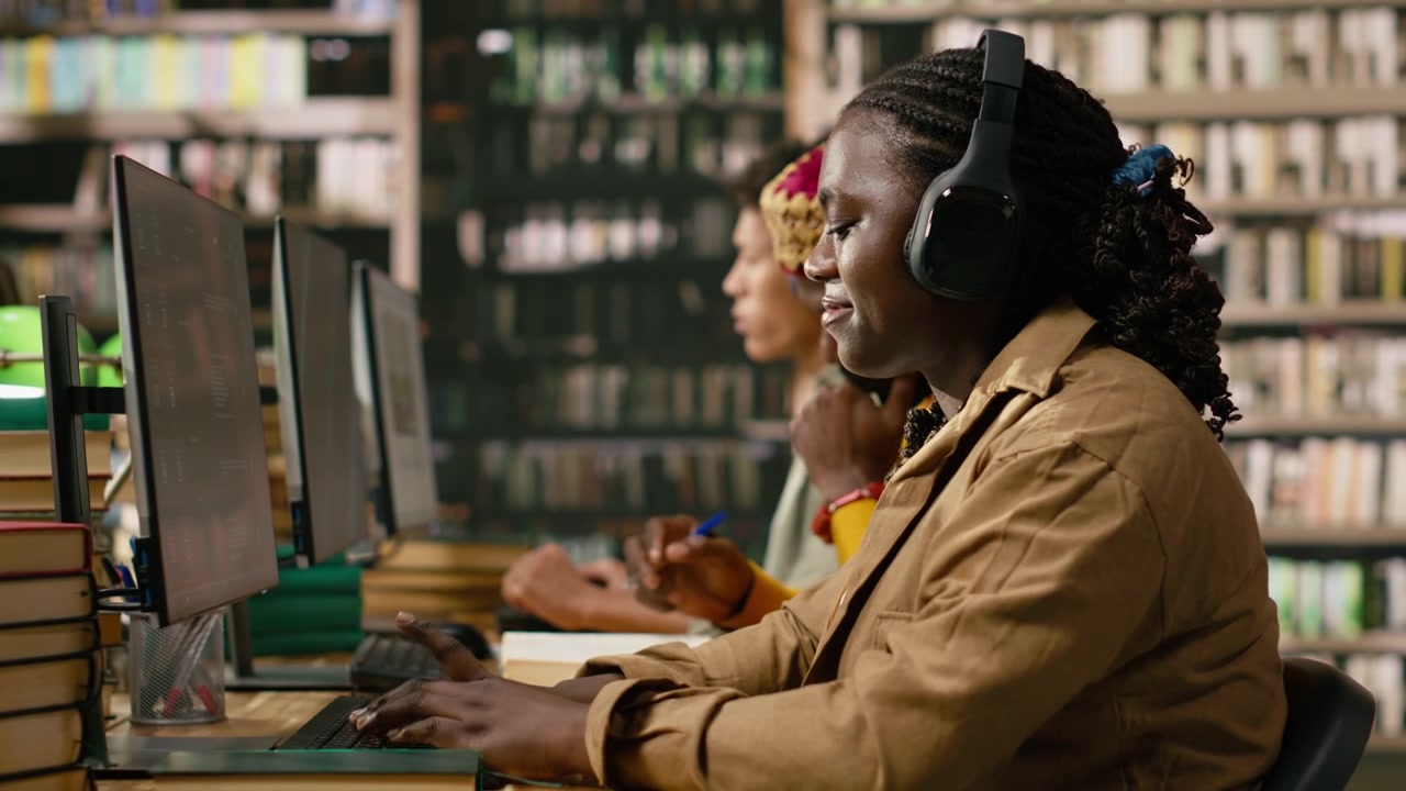 Woman student wearing headphones while working at desktop computer