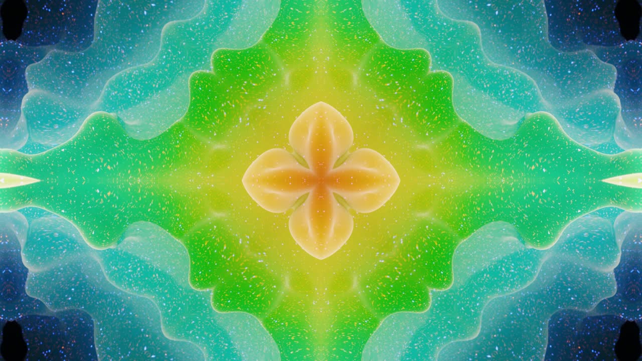 estructuras 3d simétricas abstractas como el caleidoscopio líquido en animación en bucle, gradientes de color suaves con brillo brillante. efecto caleidoscopia con ondas abstractas. hermoso patrón 3d abstracto bg. dof