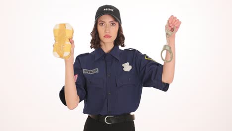 a female police officer holding an object wrapped in tape and handcuffs