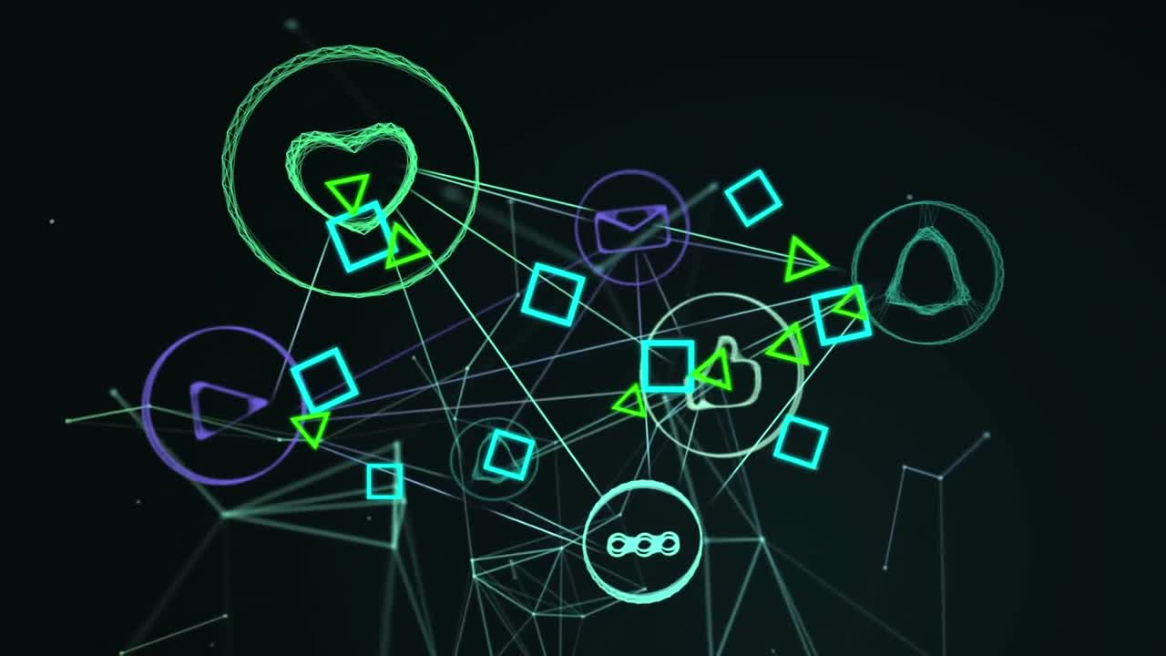 red de iconos digitales contra un fondo negro