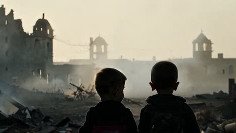 two young boys look at the ruins of a destroyed building in a war zone