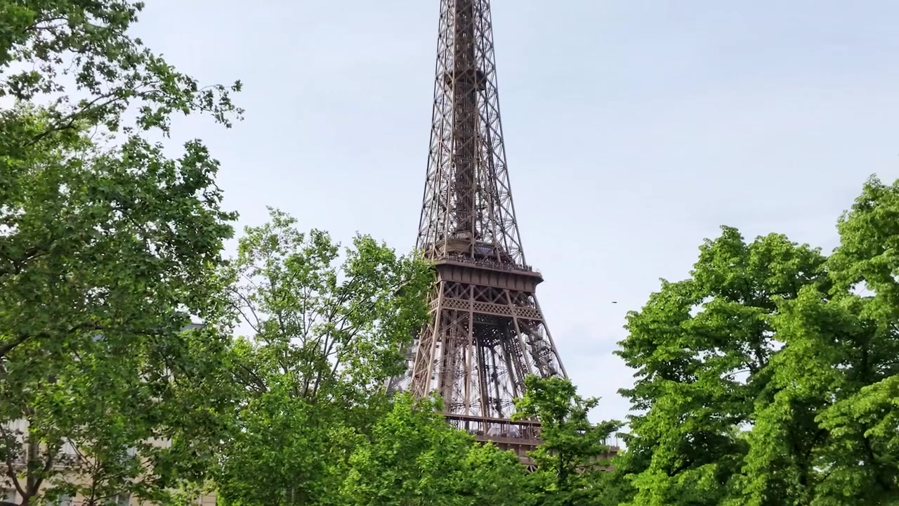 Torre Eiffel che si rivela dietro alberi verdi a Parigi