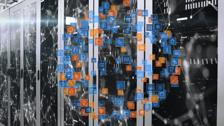 Animation of globe made of icons rotating over servers