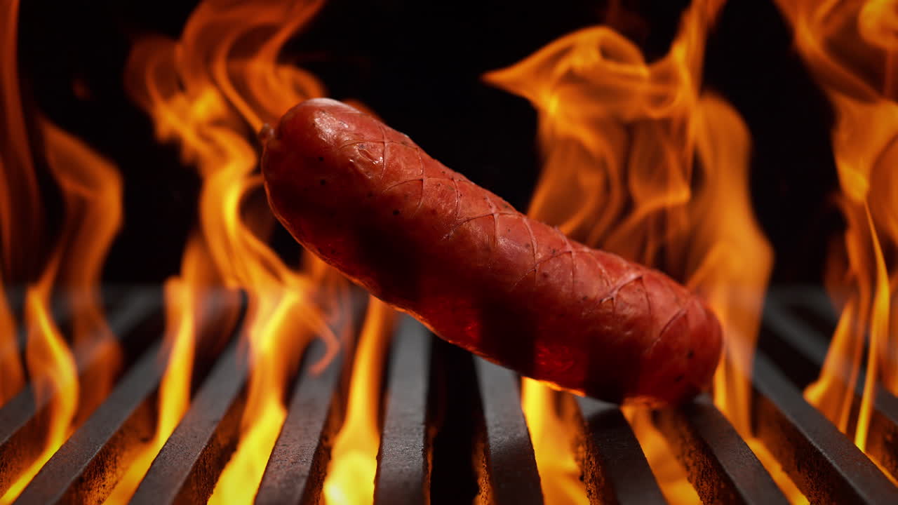 salchicha cayendo sobre la parrilla de carbón en cámara lenta, estallido de fuego desde debajo de la rejilla, barbacoa en el fondo negro