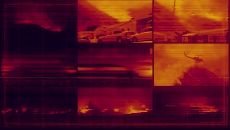 stylized looping fire disaster surveillance footage multi display grid with screen distortion