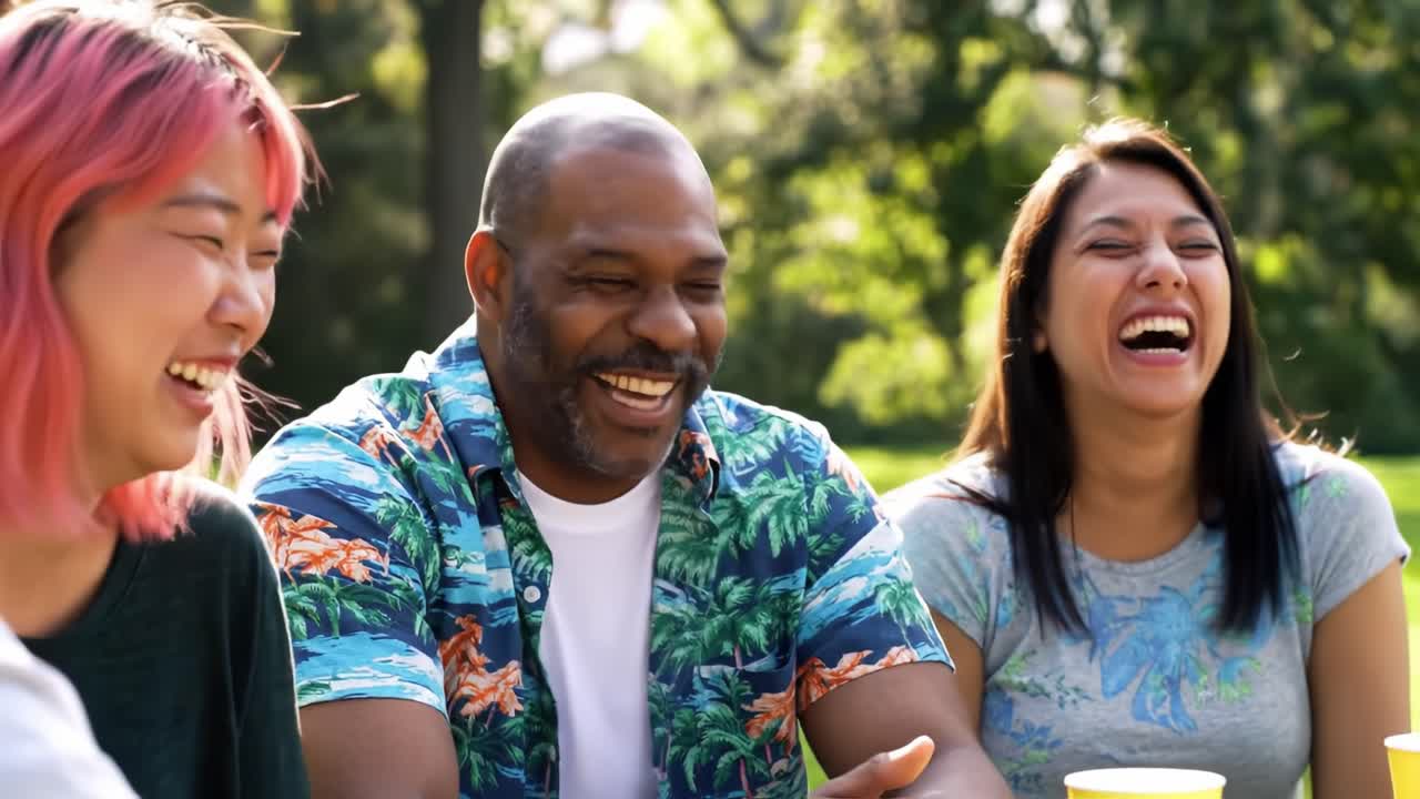 A Joyous Gathering of Friends in a Sunlit Park, Sharing Laughter and Creating Memories Together with Bright Smiles and Vibrant Atmosphere