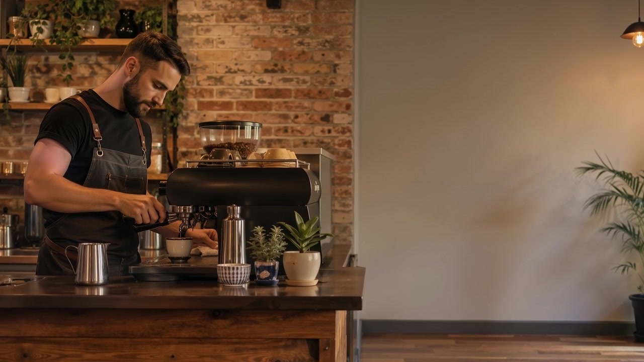 Barista professionista barbuto che prepara il caffè usando una macchina da caffè espresso in un caffè moderno.