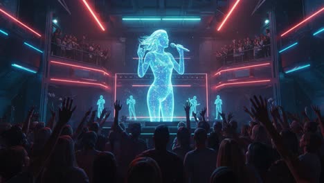 a spectacular holographic performance captivating an enthusiastic audience in a dazzling, high-tech concert setting with dynamic visuals and engaging energy