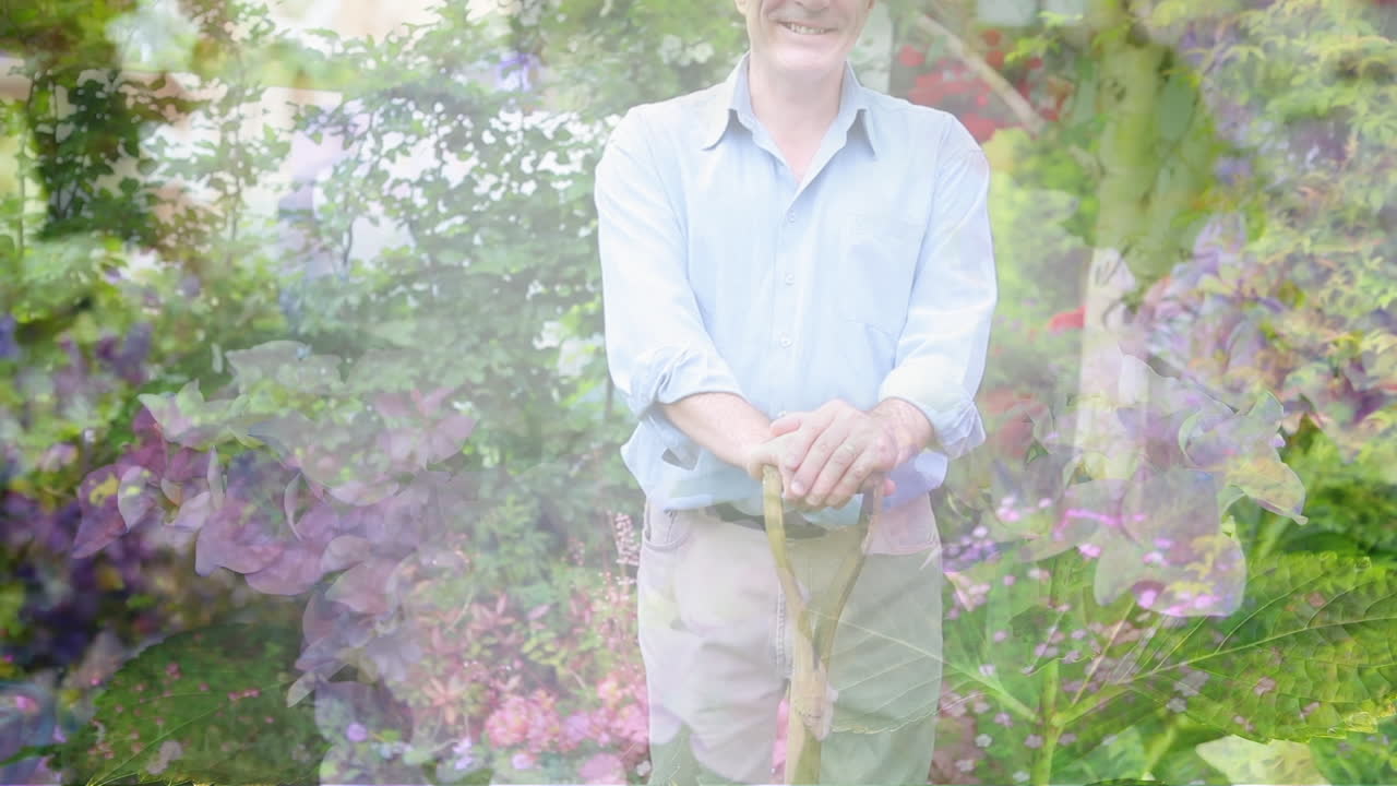 Composite video of plants against caucasian senior man standing with a shovel in the garden