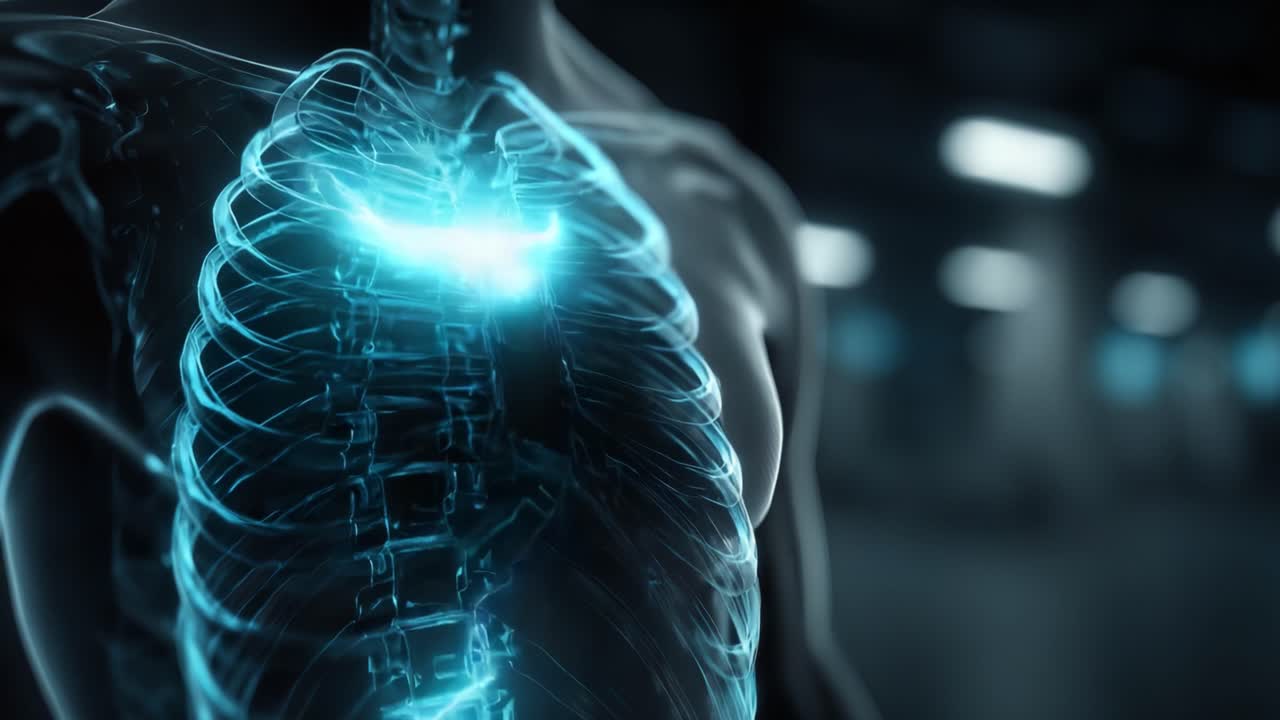 Modello anatomico illuminato che mostra l'attività elettrica all'interno dei polmoni umani, evidenziando l'intricata struttura e funzione del sistema respiratorio in uno stile futuristico.