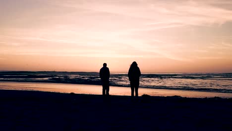 A-couple-enjoys-their-vacation-at-a-resort-as-the-sun-sets-and-their-dog-plays-in-the-water-in-the-ocean