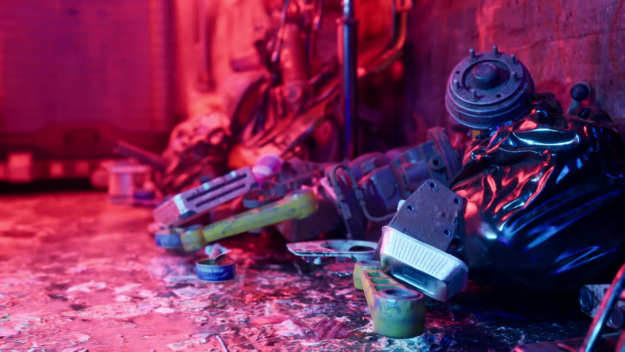 una pila de piezas de automóvil en un garaje bajo luz roja y azul