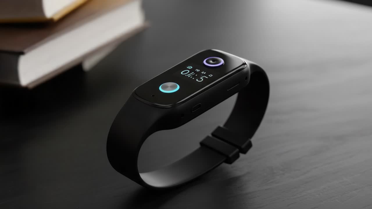 Sleek and Modern Smartwatch with Touchscreen Interface Displaying Time and Notifications, Balanced Elegantly on a Wooden Surface Surrounded by Books