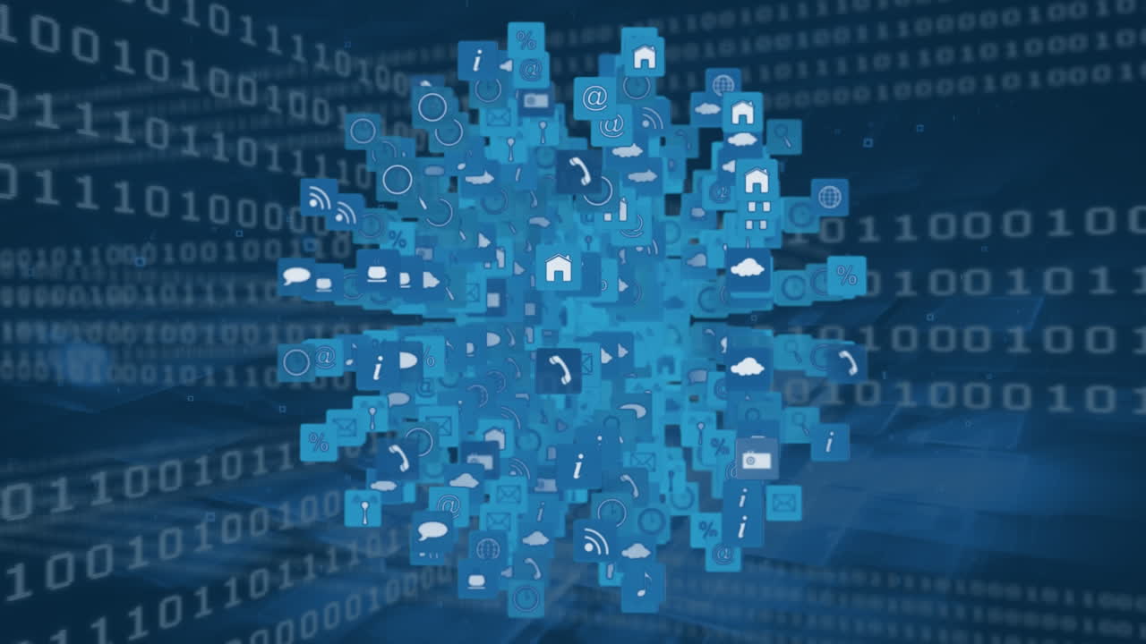 Animation of internet icons for social media in cube with binary codes