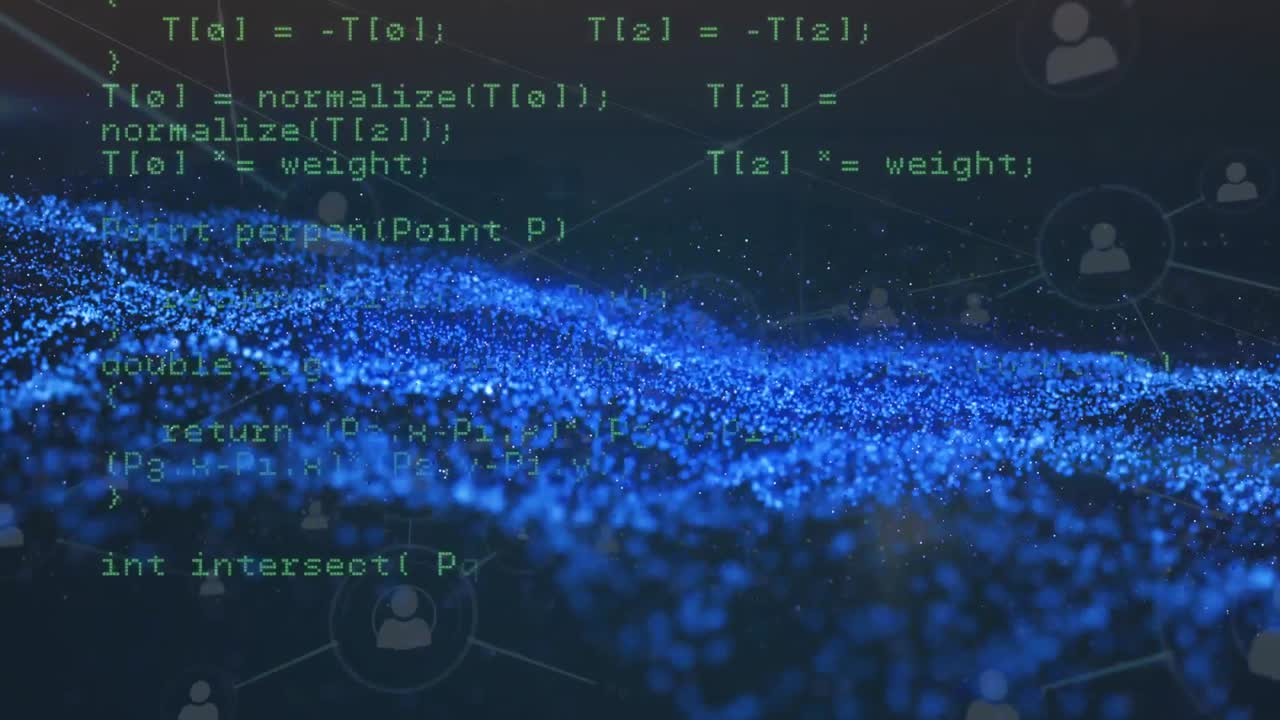 Animation of network of profile icons and data processing against blue glowing digital wave