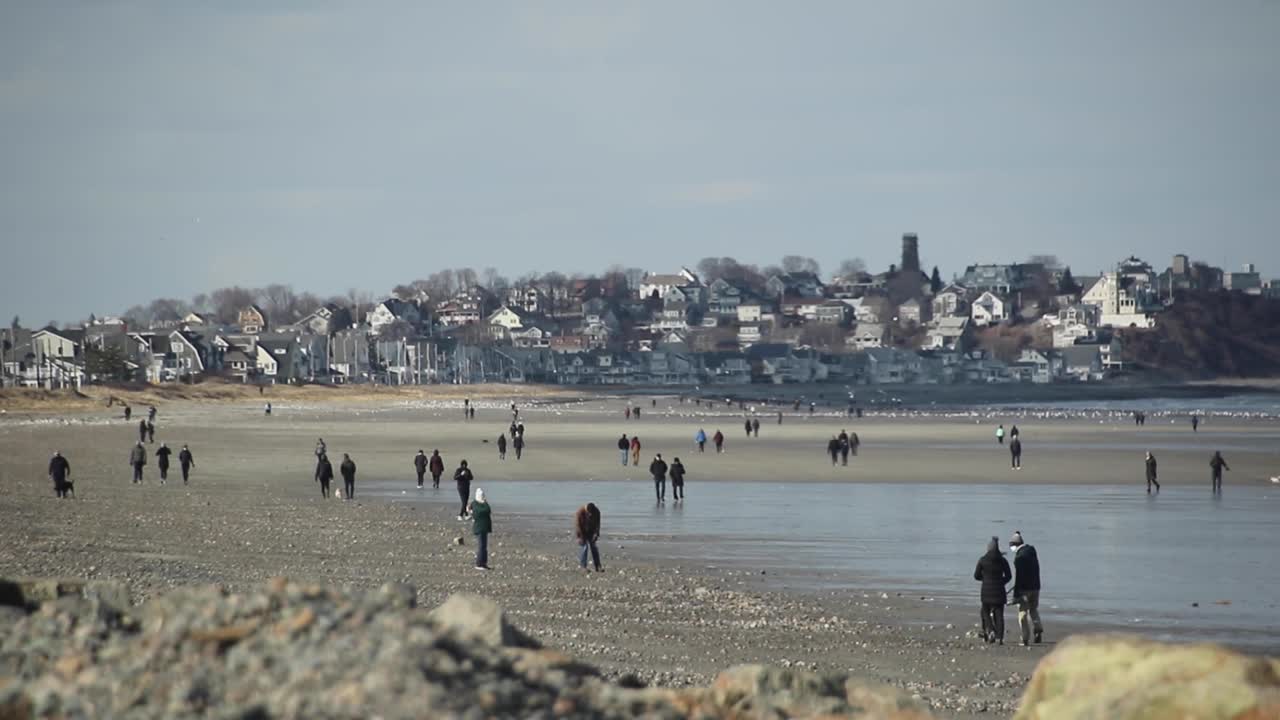 People Walking on a Beach with a Town in the Background