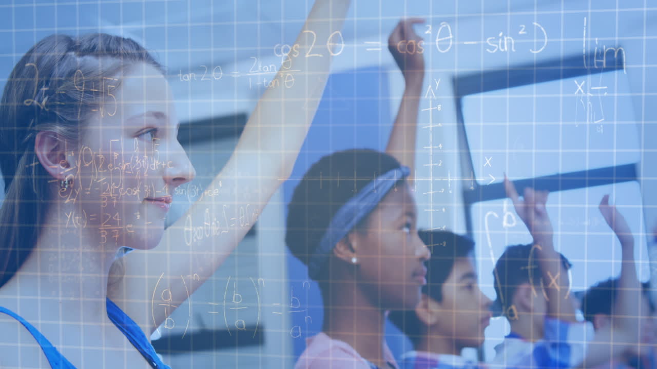 수학 방정식의 애니메이션 학교 학생들을 통해