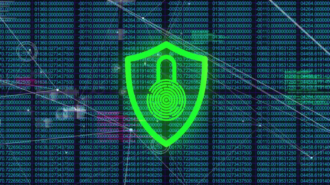 animazione dell'icona del lucchetto con impronta digitale biometrica e elaborazione dei dati