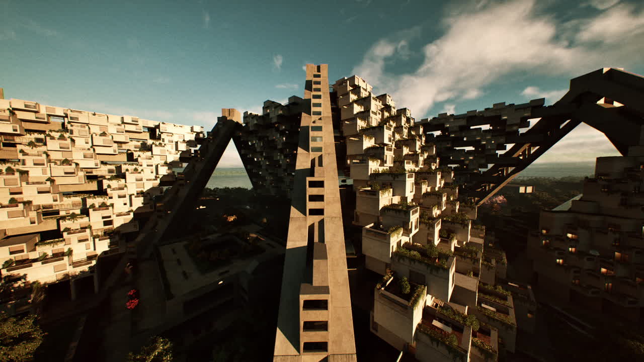 Modern architecture with connected structures in a vibrant locale