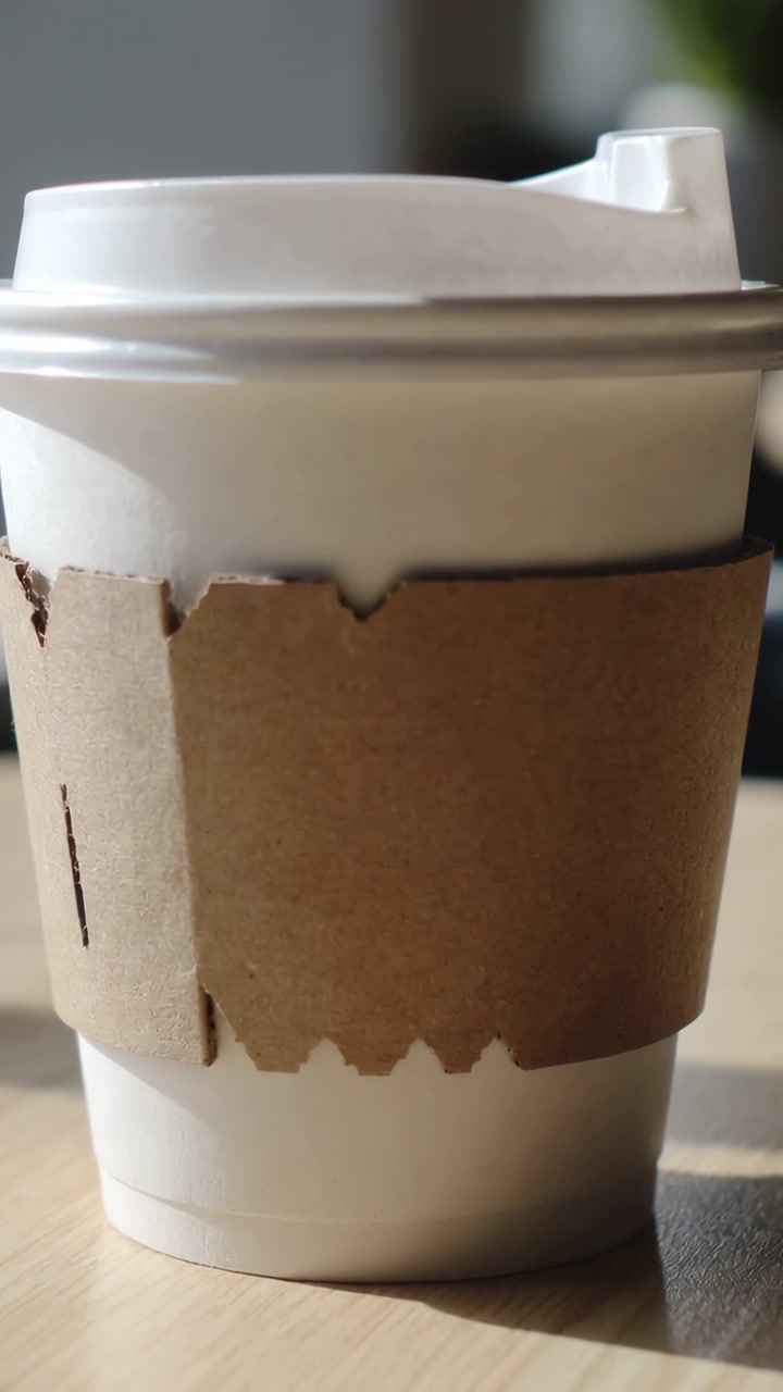 Vertical video: Subtle light shift causing white cup sitting center on table with lid and sleeve