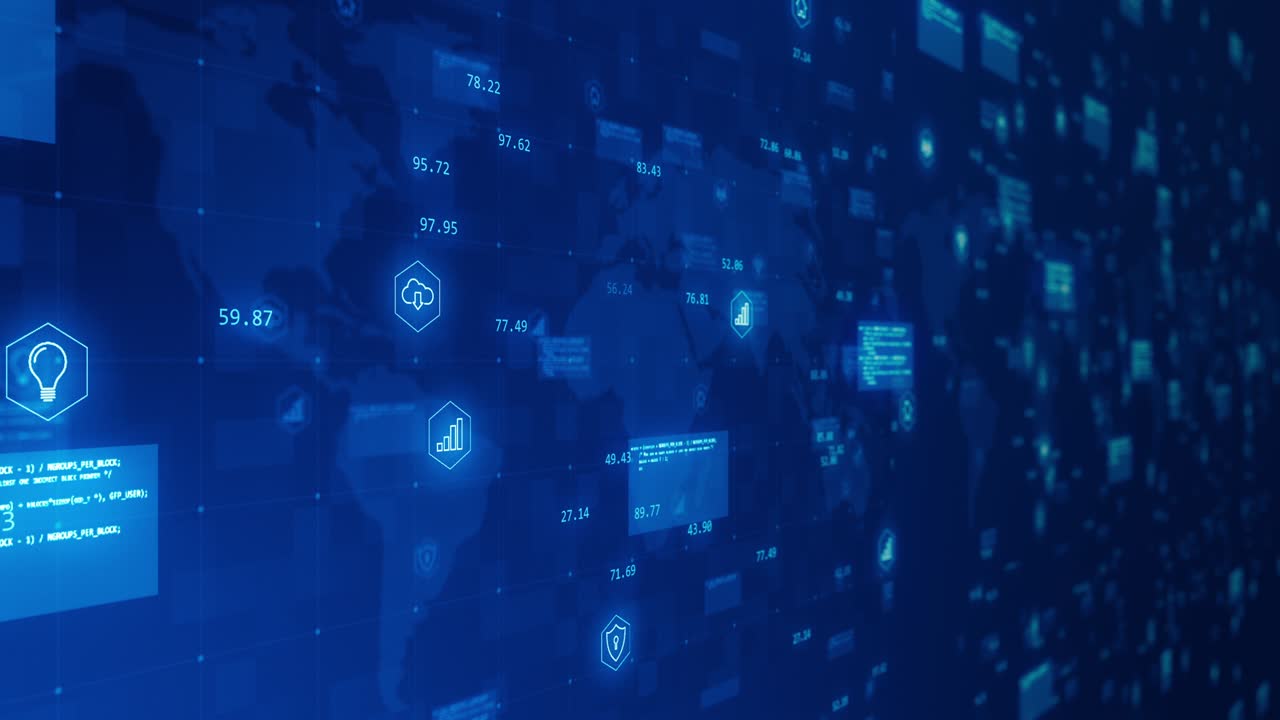 Motion graphic of Blue technology futuristic icon levitation on map abstract background concept seamless loop video