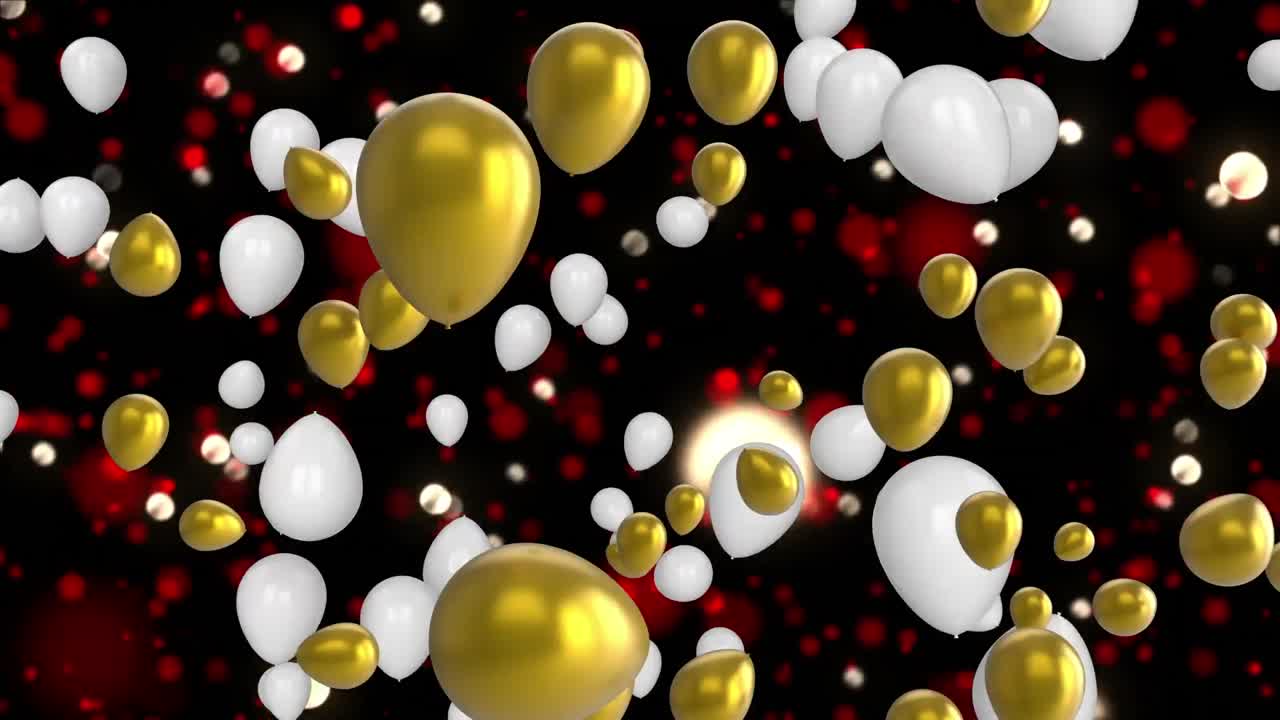 animación de globos y luces de colores volando sobre un fondo negro