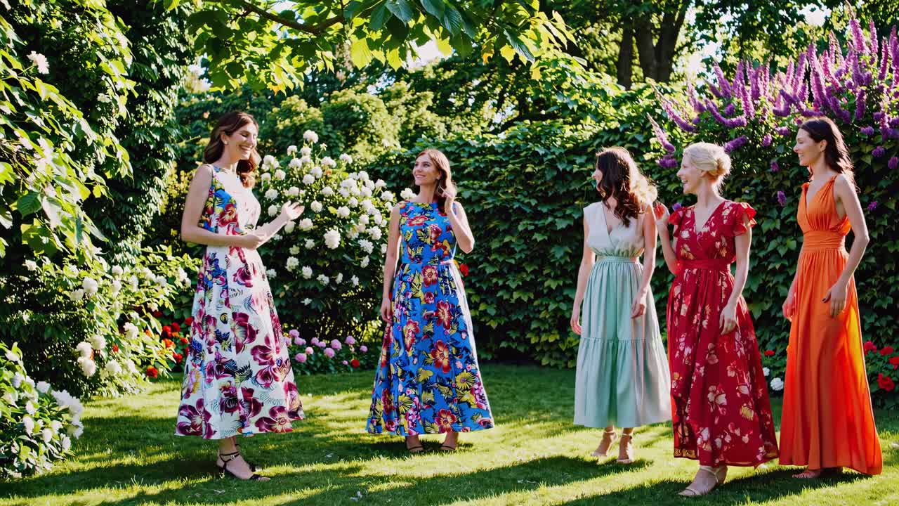 Aerial video captures five women in vibrant floral dresses walking through a lush garden