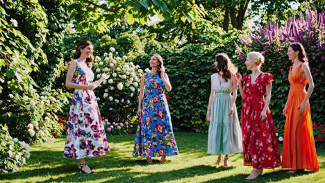 aerial video captures five women in vibrant floral dresses walking through a lush garden